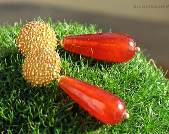 Earrings, red meets gold, drop earrings with orange agate