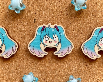 Mini Miku Pin- Hatsune Miku 30mm Wooden Pin, Anime Pin, Kawaii Pin, Lapel Pin