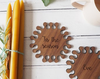 Set of two coasters personalised Walnut hexagon jigsaw coasters