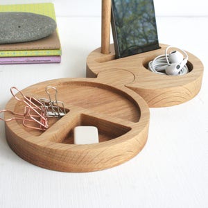 Oak Wooden Round Modular Desk Tidy and Phone stand