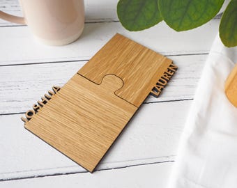 Set of two personalised cut out wooden coasters - oak