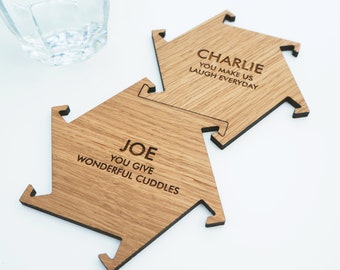 Set of Two Personalised Wooden Oak Interlocking Jigsaw Coasters