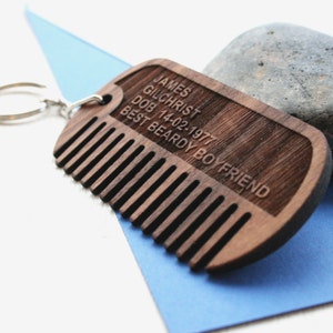 Personalised wooden dog tag beard and moustache comb keyring
