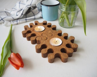 Two oak jigsaw tea light candle holders