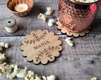 Personalised wooden gingerbread cookie coaster