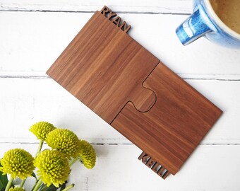 Set of two personalised cut out wooden coasters - walnut