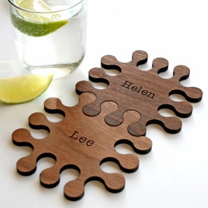 Set of Two Personalised Walnut Wooden Jigsaw Coasters