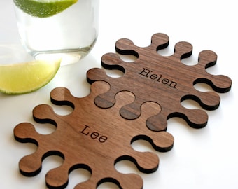 Set of Two Personalised Walnut Wooden Jigsaw Coasters