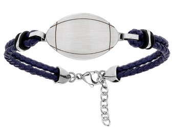 Bracelet BALLON DE RUGBY Personnalisable acier et cuir bleu marine 19+3CM