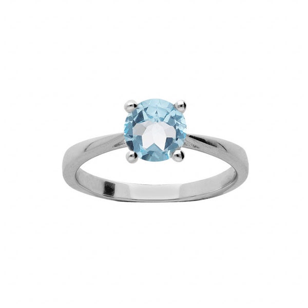 Bague Solitaire Pierre Naturelle Topaze bleue Argent 925 Rhodié