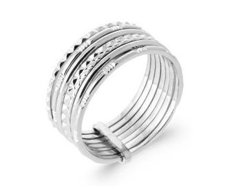 Bague Semainier Multi Anneaux Argent 925 Rhodié - Multi-rangs - 7 anneaux - Bague empilable en argent - 7 bagues empilées