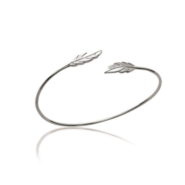 Bracelet jonc Plume rigide en argent 925/000 rhodié - Bracelet Jonc Plume - Bracelet jonc 2 plumes - Bracelet jonc ouvert plume