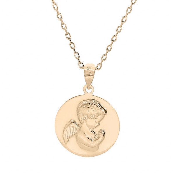 Collier petit angelot en relief plaqué or - Gravure - chaine et médaille petit ange - médaille petit ange personnalisé - médaille baptême