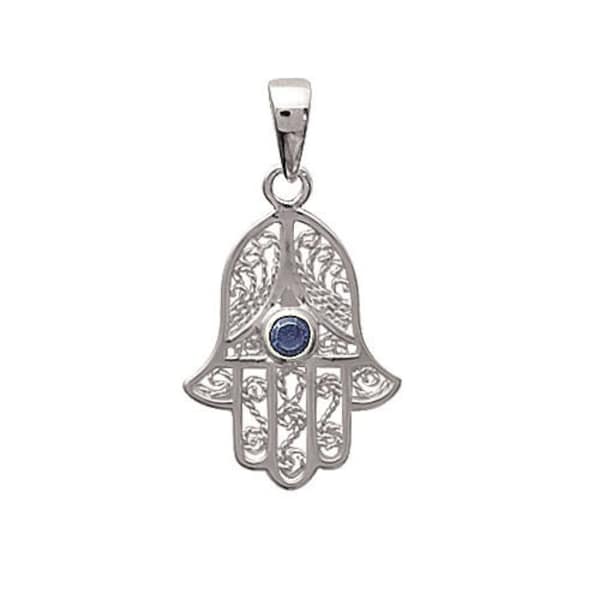 Pendentif en argent 925 et pierre synthétique bleue - Main de Fatma - Pendentif main de fatma avec pierre - Médaille main de fatma argent