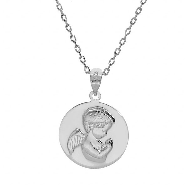 Collier petit angelot en relief argent 925 rhodié - Gravure - Chaine et médaille petit ange - médaille bébé ange gravée - pendentif baptême
