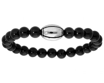 Bracelet RUGBY Ballon Homme - Acier élastique boules Pierre Onyx - Bracelet pour rugbyman Ballon de RUGBY - Bijou Fan Rugby homme