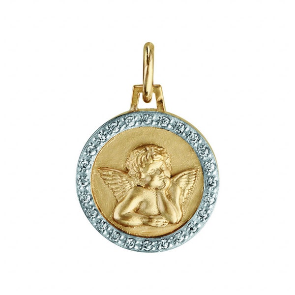 Médaille ange en relief Contour serti d'oxydes blancs