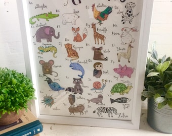 ABC Animal Nursery Print//Gender Neutral Nursery// 11x14in