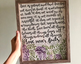 Love Never Fails// Bible verse Watercolor Print// Wisteria Floral Watercolor