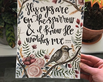 His Eyes are on the Sparrow//Matthew 10:29-31 Watercolor Print