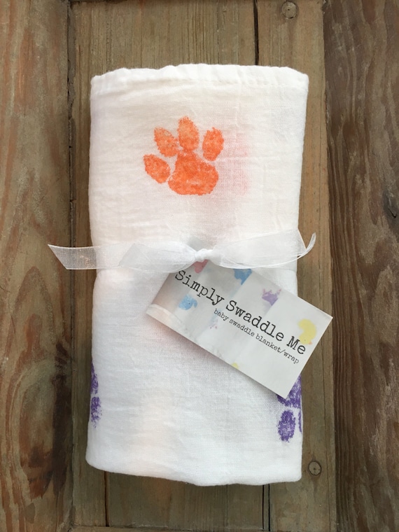 Clemson Baby Blanket Swaddle Blanket Paw Orange Purple Cotton Hand Stamped Vintage Inspired