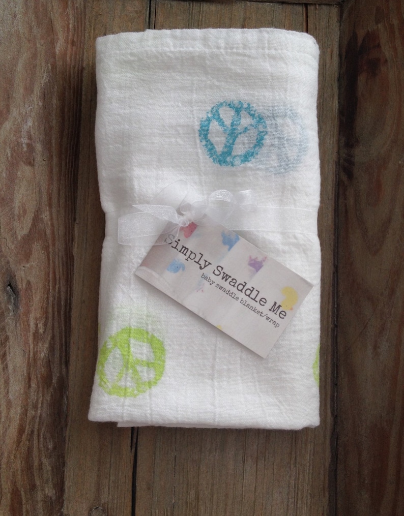 Hand Stamped Swaddle Blanket Baby Blanket Cotton Lime GreenTeal You Pick Paint Color Vintage Inspired Peace Sign