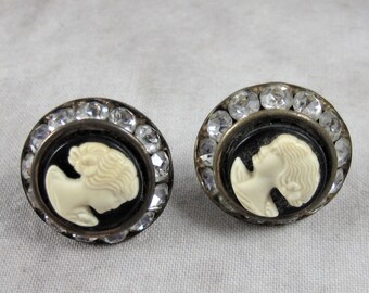 CAMEO EARRINGS Rhinestones Sparkly Screwbacks