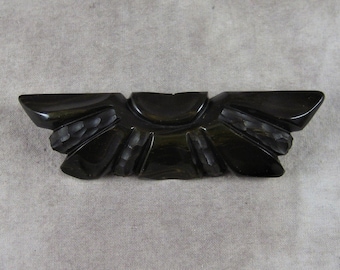 BAKELITE Deep Carved Large Black Brooch - Broach Pin - Chunky Wings Art Deco - Coat Pin Art Deco