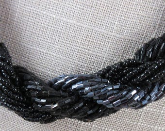 Black Statement Necklace - Thick Intertwined Seed Beads, Irridescent Bugle Beads, & Flat Black Bugle Beads - 20" Long