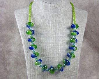 Hand Blown SWIRLED GLASS Necklace - Large Hollow Beads with Hand Blown Spacers and Green Crystal Beads 21 Inches Jewelry