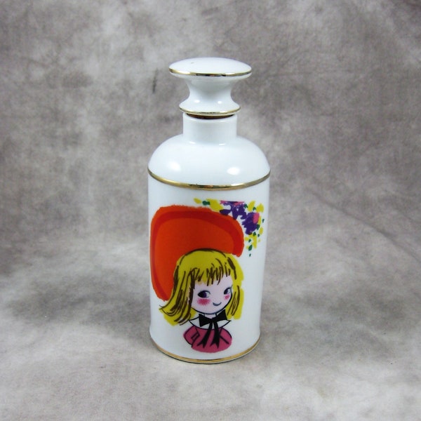 DRESSER BOTTLE 1960s-1970s Ceramic Dresser Cologne Bottle with Stopper -  Mod Girl, Sun and Flowers - Little Girl's Bedroom Vanity