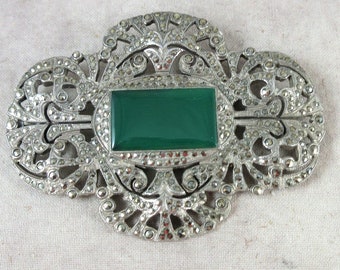 ART DECO Sterling Silver with True Marcasite and Polished Green Agate LaRGe BROOCH with Pendant Loop - 2.75" x 2"