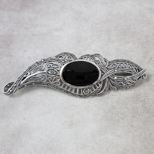 STERLING Silver 925 Filigree, Black Onyx, and Marcasite Bar  Antique Art Deco Sterling Silver Black Onyx & Marcasite Filagree Brooch main image 0