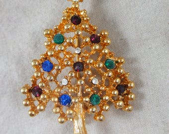 Christmas Tree Rhinestone Brooch - Goldtone With Multi-Color Rhinestones Holiday Broach Pin Jewelry