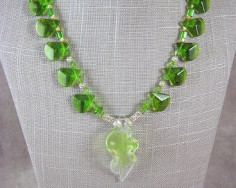 GREEN CRYSTAL NECKLACE - Stunning Glass Jewelry - Leaf Pendant with Beveled Glass Pieces