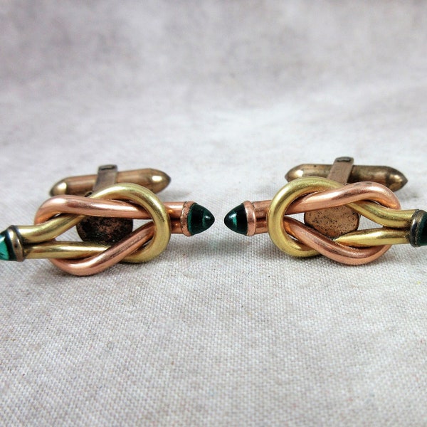 1930s DOLAN BULLOCK Knot Cufflinks - Two Toned Metal with Emerald Green Glass