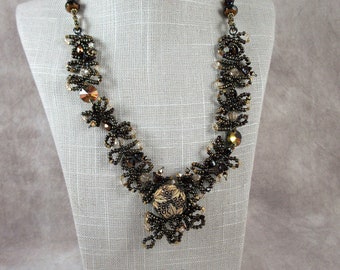 Necklace - Metallic BRONZE Seed Beads with Assorted Dark Red, Black, Clear Glass Beads with Brocade Button Focal Point - 20" Jewelry