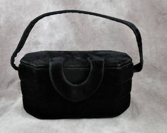 Vintage Black Velvet Box Purse  Elegant Black Satin Lined Handbag Pocketbook