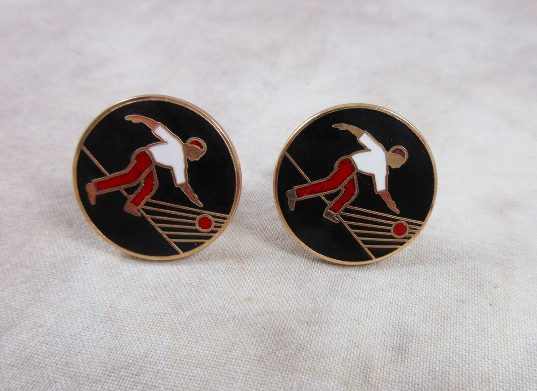 Boutons De Manchette Vintage Bowling En Métal Argenté Avec Motifs Noir, Rouge, Blanc - Marque Swank, Référence 12016, Occasion