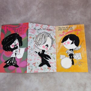 May include: Three vintage greeting cards with cartoon musicians. The first card has a musician playing a saxophone with the text "Love and Jazz". The second card has a musician playing a violin with the text "So soft and sweet". The third card has a drummer with the text "Happy Birthday to you!"