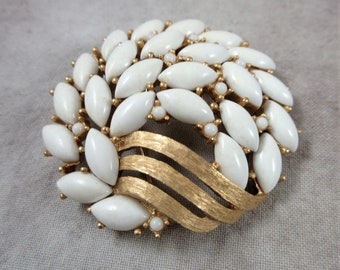 Vintage Crown Trifari Designer Brooch - Brushed Gold with White - Pin Broach