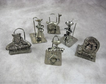 Ecuador Silver Place Card Holders Set of 6 - Name Tag Holders - Peru Figures - Etched Design Base - Llama - Metal