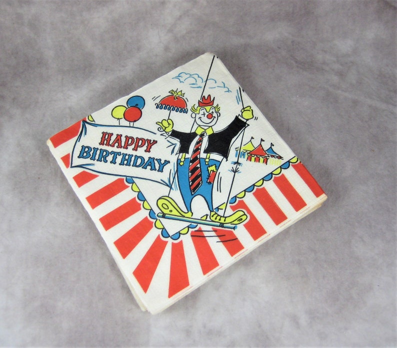 1960s Napkins Happy Birthday 15 Unused new Old Stock Clown Circus Big Top Large Paper Party Napkins image 1