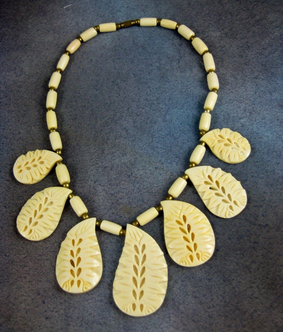 Large Carved Off-White Shell Necklace - Statement 