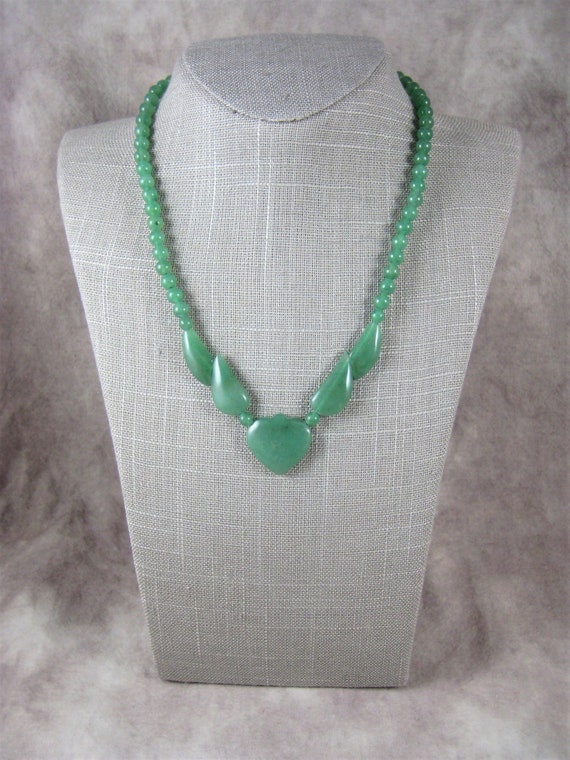 Green JADITE (?) Necklace - Heart and Beads - Nat… - image 1