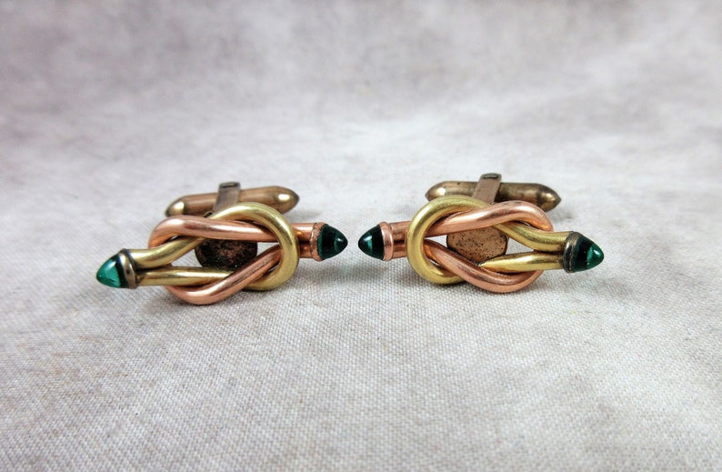 1930s DOLAN BULLOCK Knot Cufflinks Two Toned Metal with Emerald Green Glass image 1