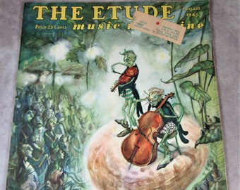 1945 THE ETUDE Music Magazine - Anthropomorphic Grasshoppers Cover by Morgan - Cello, violin, and Katydids Stunning Lithography August 1945