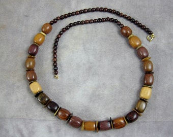 Gorgeous Multi Wood Necklace with Shell Spacers - long 31" - Blonde and Rosewood Strand