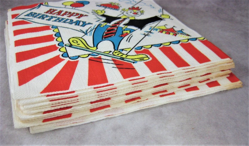 1960s Napkins Happy Birthday 15 Unused new Old Stock Clown Circus Big Top Large Paper Party Napkins image 2