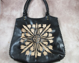 NINE WEST Cutout Flower Tote Bag Handbag - Black Faux Leather